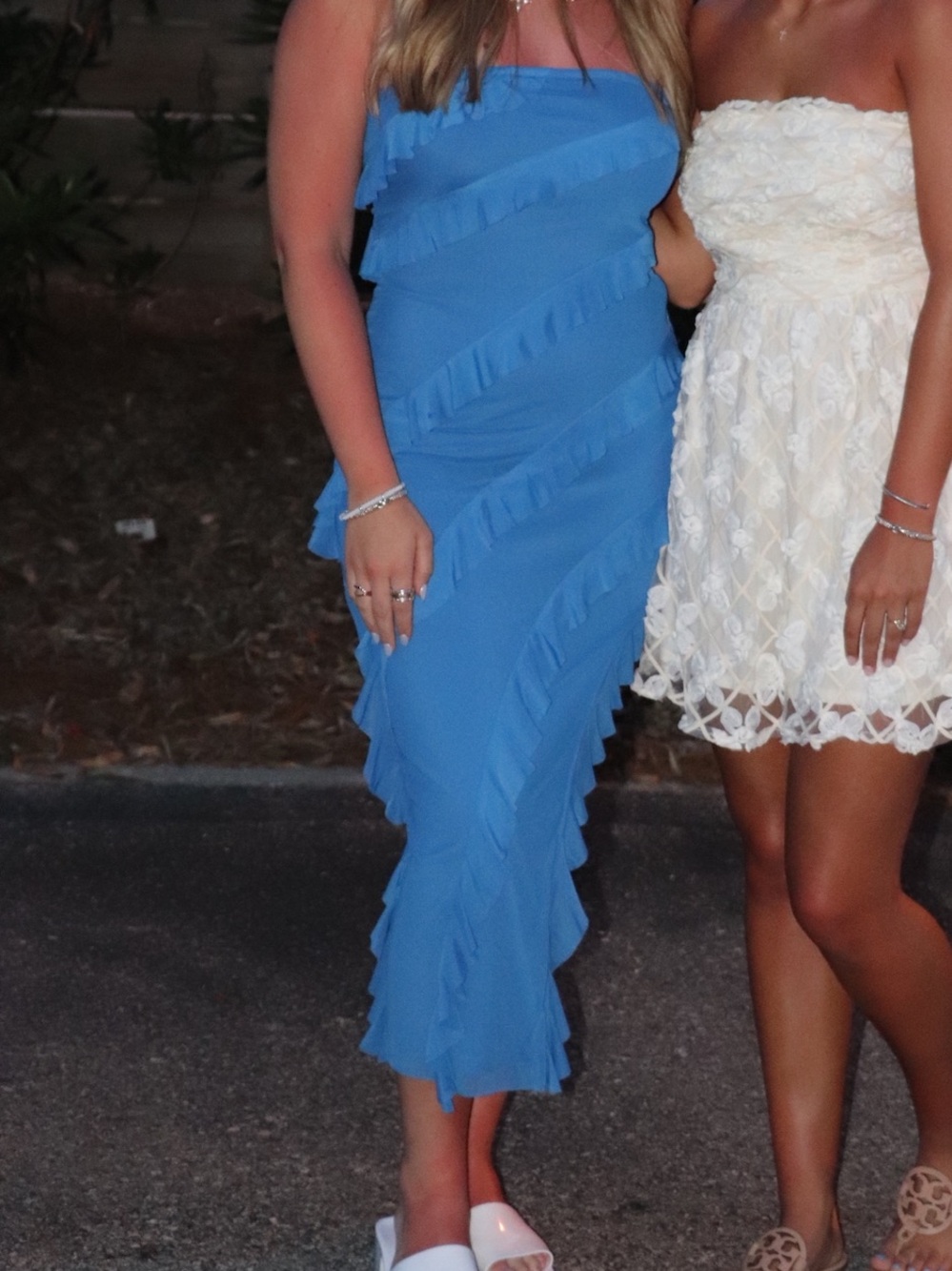 Blue Strapless Ruffle Midi Dress - Women's Summer Dress